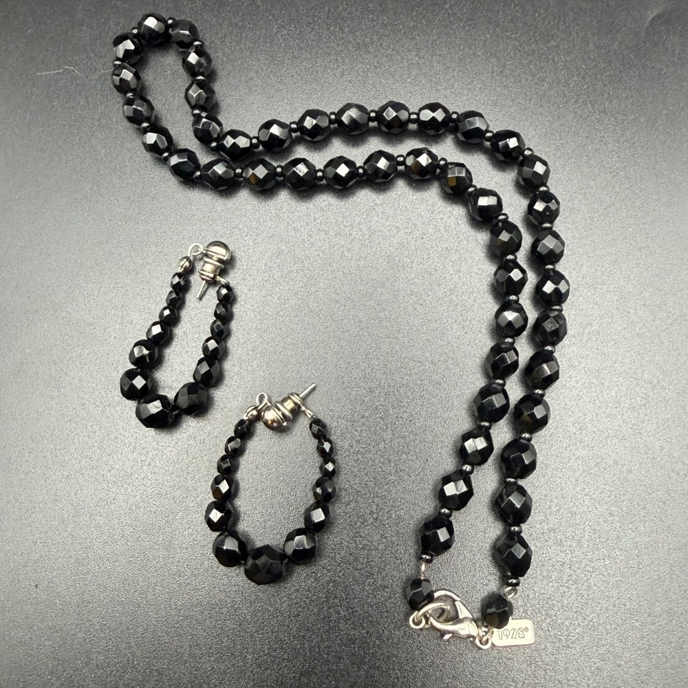 Vintage 1928 Earring & Necklace Set Black Faceted Glass Beaded Victorian Revival